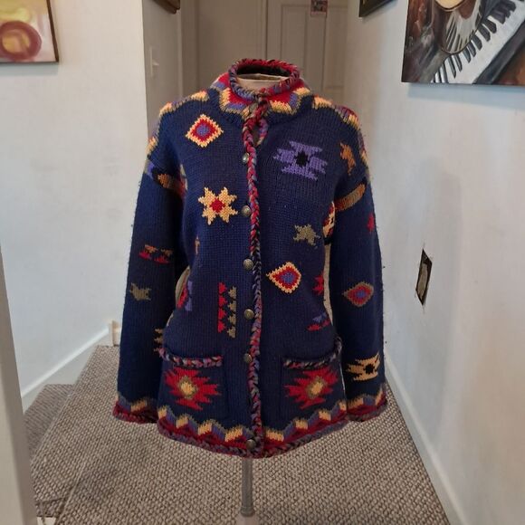 COLDWATER CREEK Heavy Wool Southwest Knit Cardigan Sweater Woman Size Medium - Picture 1 of 12